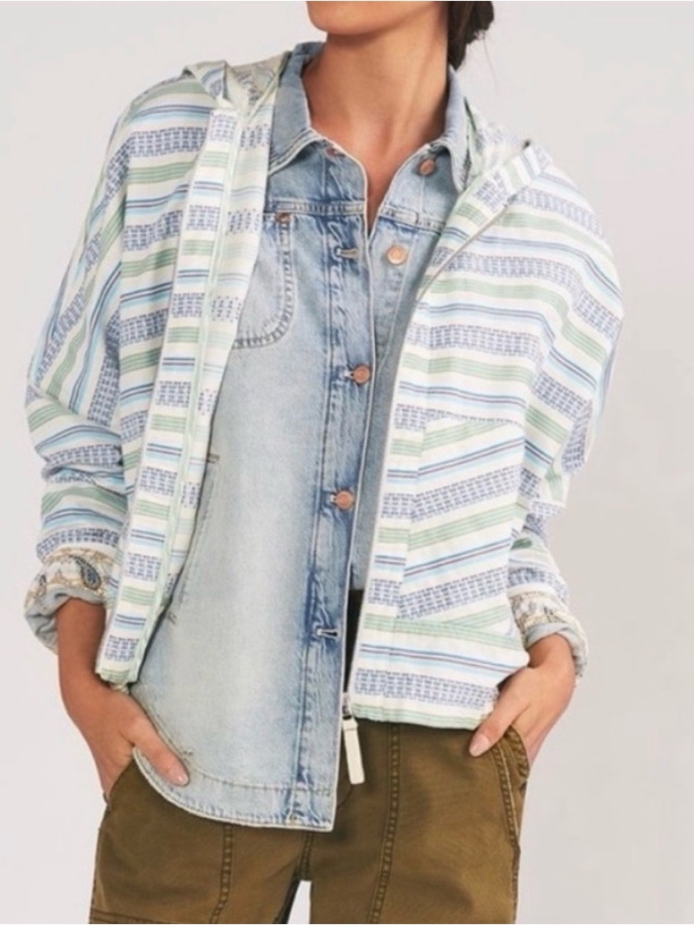 Anthropologie Striped Hooded Jacket in Light Blue and Sage